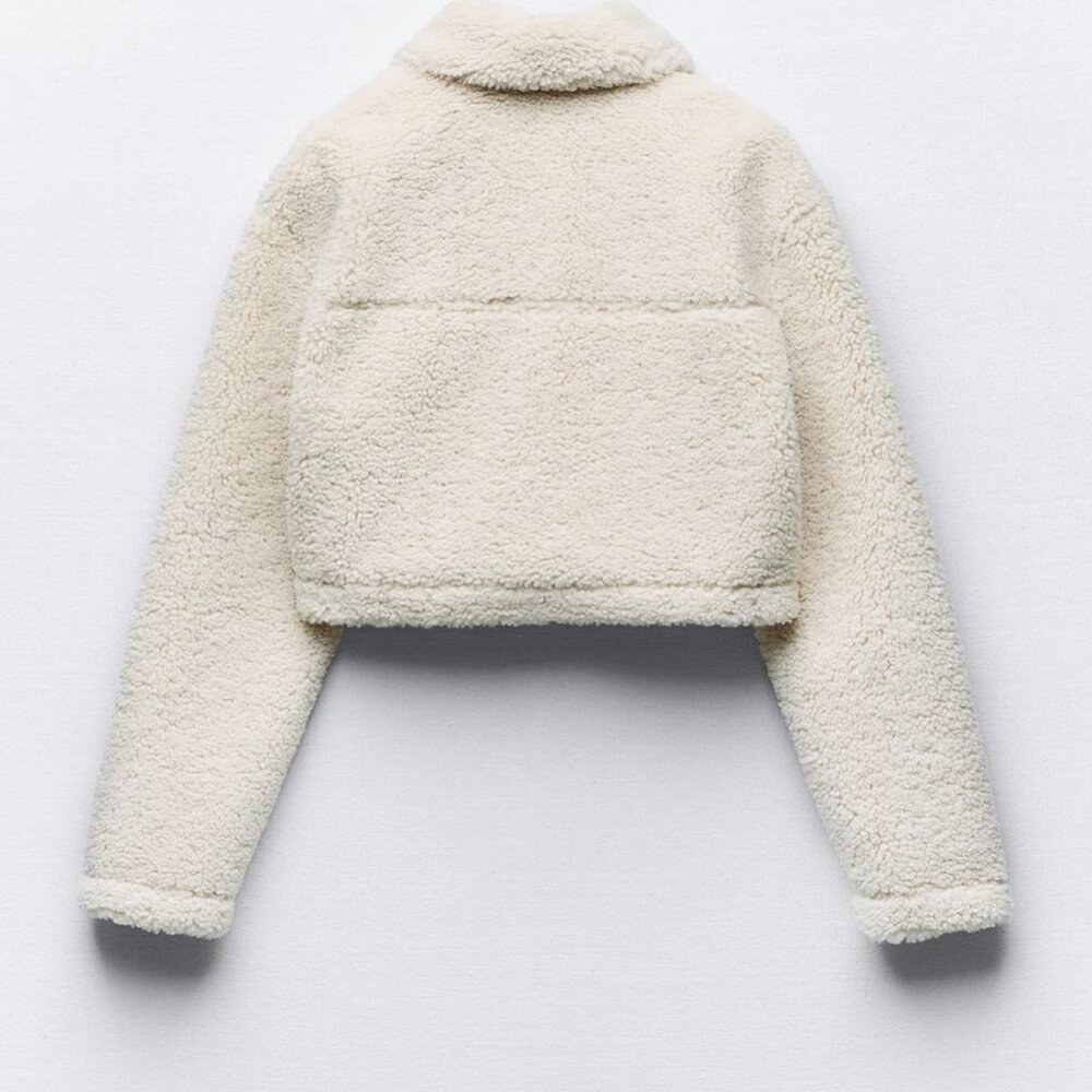 ZARA Women's Cropped Faux Shearing Jacket(Ecru, US XL /EUR XL) - Picture 6 of 11